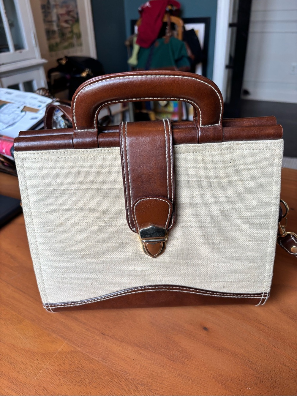 VTG Bags by Marlo Two-Tone Canvas & Brown Leather Top Handle Satchel with Strap